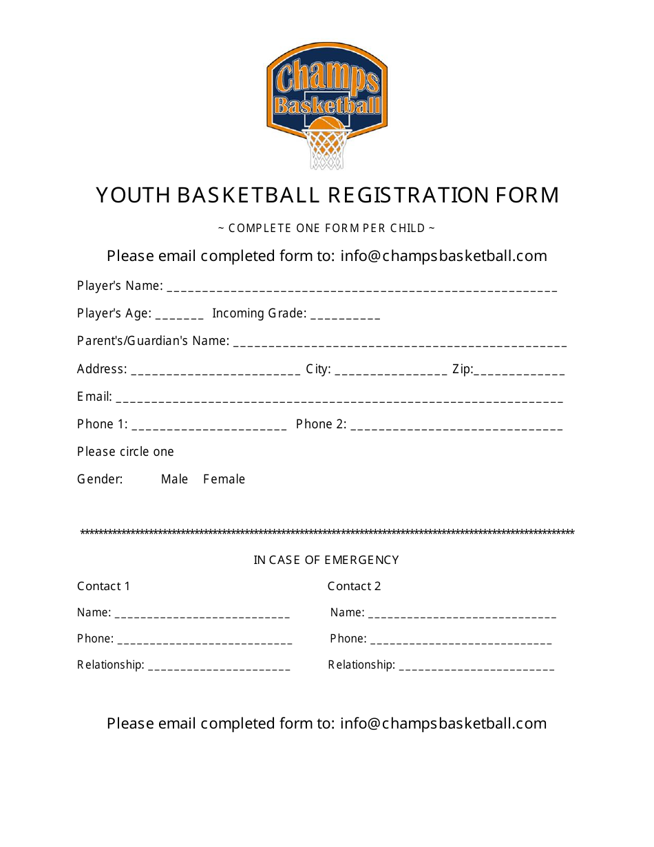 Youth Basketball Registration Form - Champs Basketball, Page 1