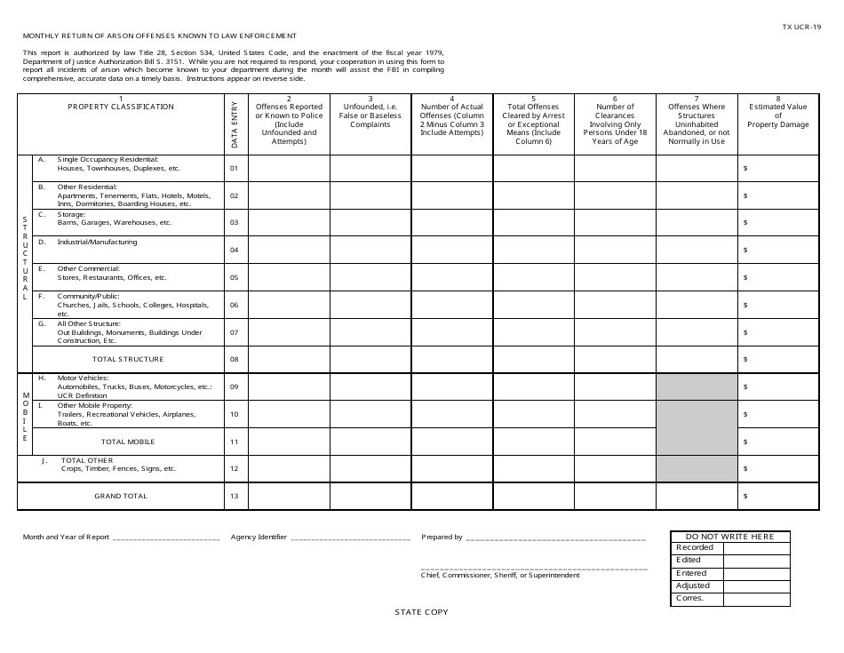 Form USR-19 Monthly Return of Arson Offenses Known to Law Enforcement - Texas, Page 1