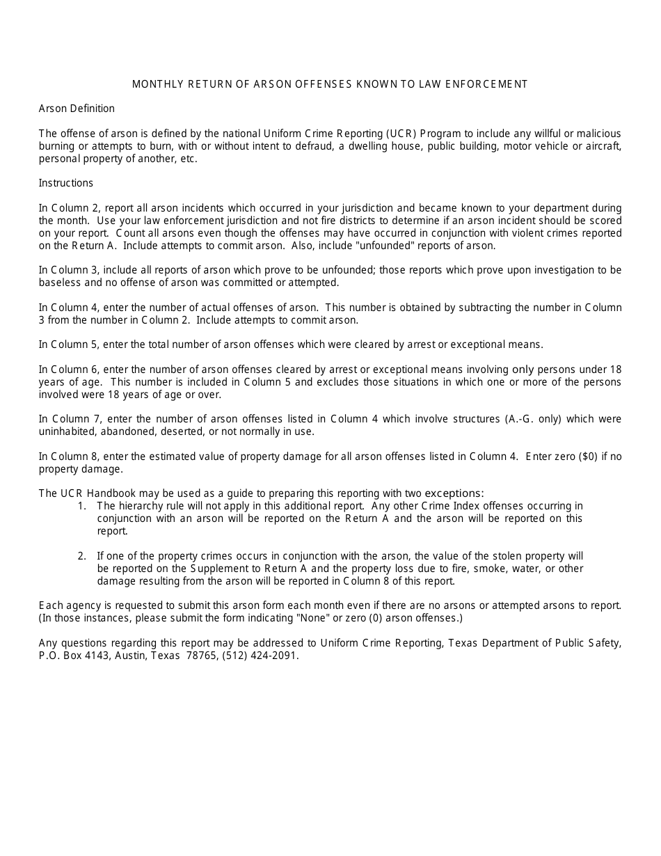 Form USR-19 Monthly Return of Arson Offenses Known to Law Enforcement - Texas, Page 2