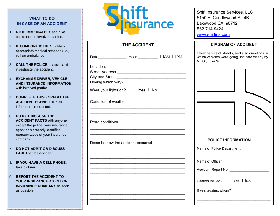 Vehicle Accident Form - Shift Insurance, Page 1