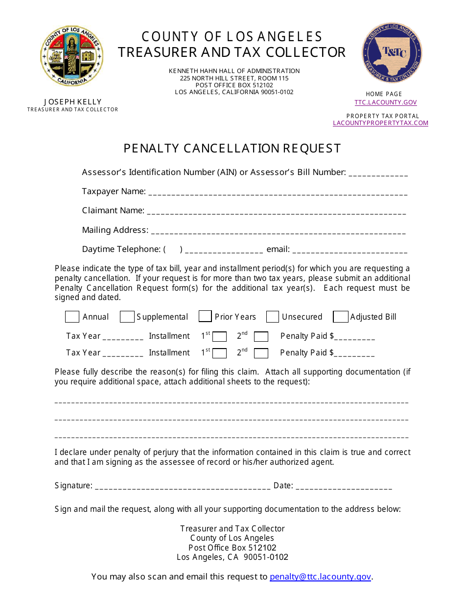 Penalty Cancellation Request - Los Angeles County, California, Page 1