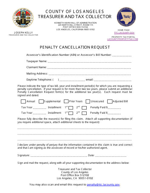 Penalty Cancellation Request - Los Angeles County, California Download Pdf