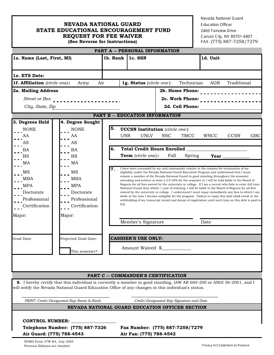 Form 37W R4 Request for Fee Waiver - Carson City, Nevada, Page 1