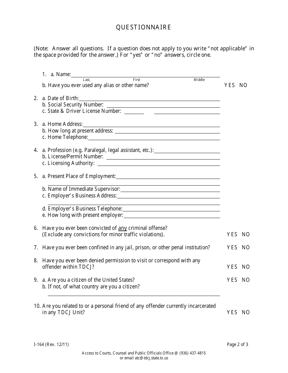 Form I-164 Application to Visit Tdcj Offender as Attorneys Representative - Texas, Page 2