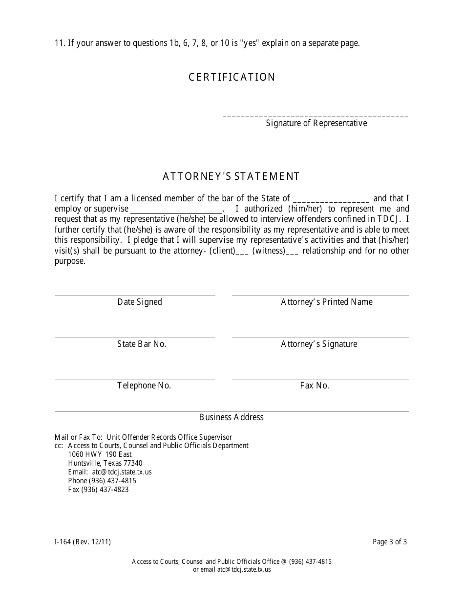Form I-164 Application to Visit Tdcj Offender as Attorneys Representative - Texas, Page 3