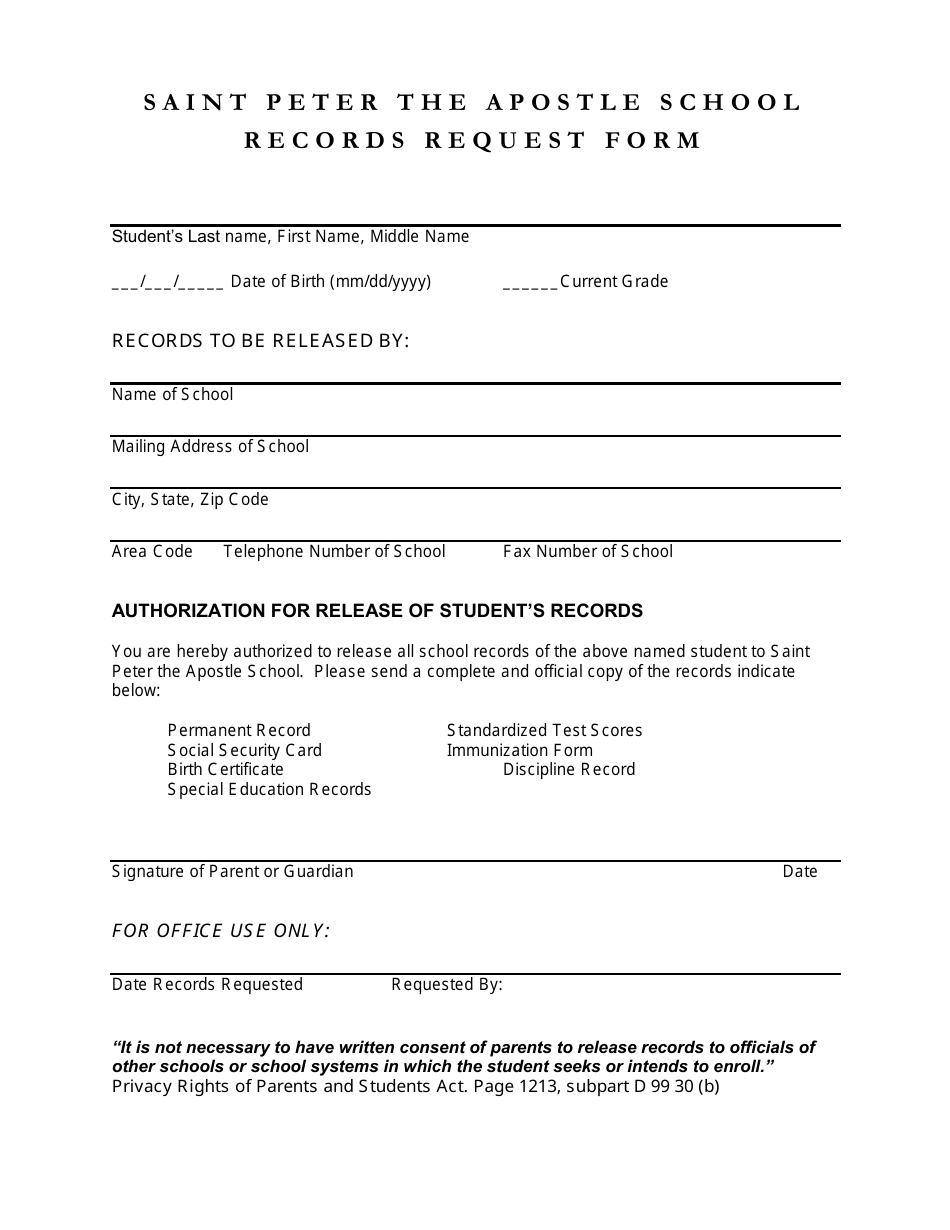 School Records Request Form - Saint Peter the Apostle School, Page 1