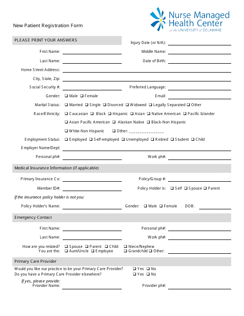 New Patient Registration Form - Nurse Managed Health Center at the University of Delaware Download Pdf
