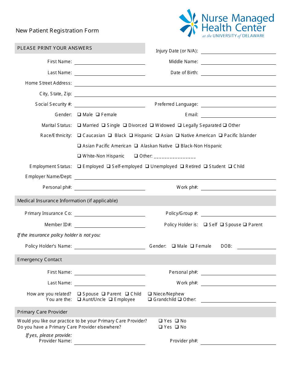New Patient Registration Form - Nurse Managed Health Center at the University of Delaware, Page 1