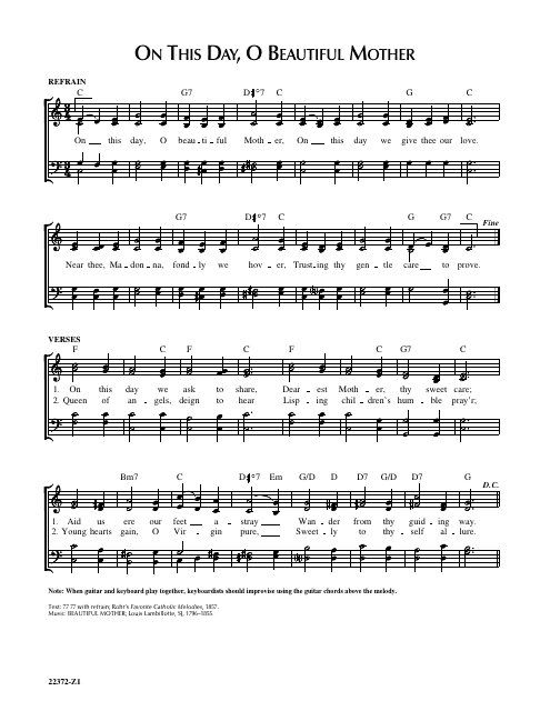 Sheet music for "On This Day, O Beautiful Mother" for guitar and keyboard