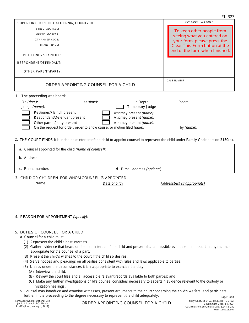 Form FL-323 Order Appointing Counsel for a Child - California, Page 1
