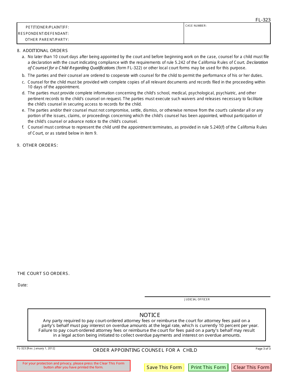 Form FL-323 Order Appointing Counsel for a Child - California, Page 3
