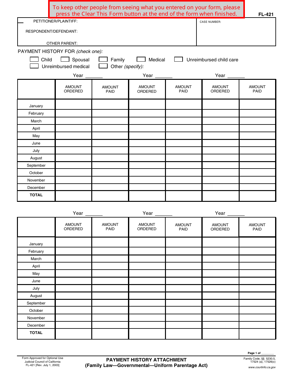 Form FL-421 Payment History Attachment - California, Page 1