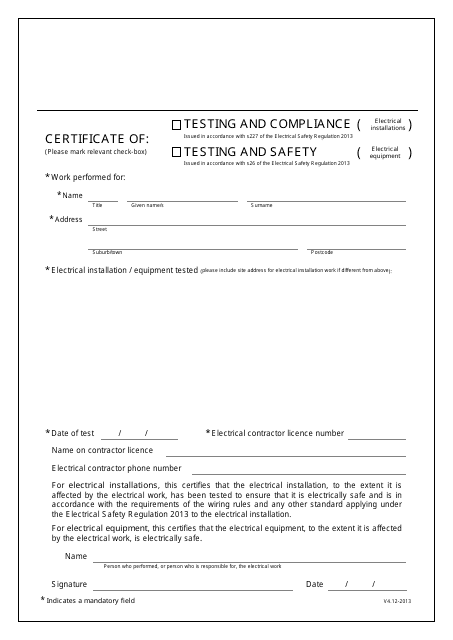 Certificate of Compliance - Queensland, Australia