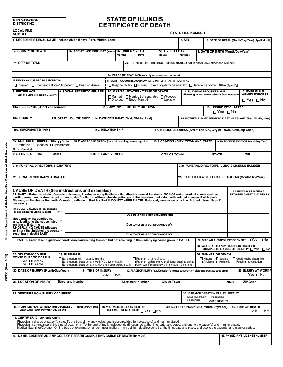 Form VR200 Certificate of Death - Illinois, Page 1
