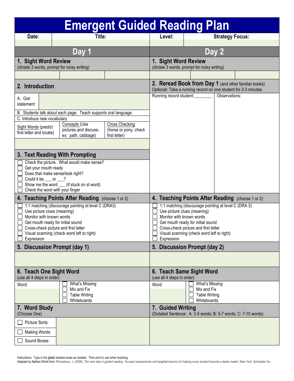 Emergent Guided Reading Plan Template Download Printable PDF