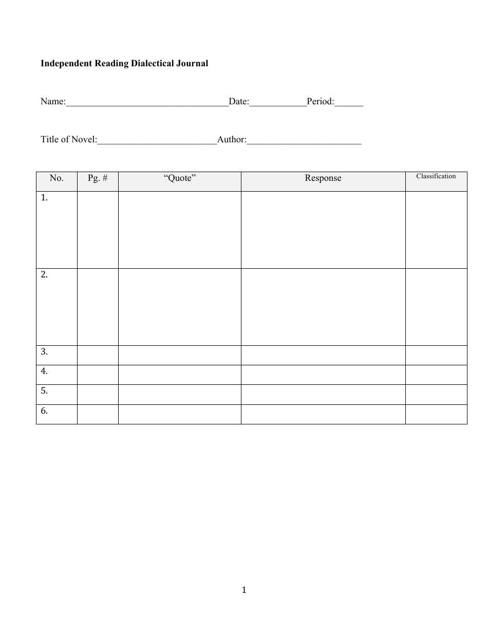 Independent Reading Dialectical Journal Template Preview