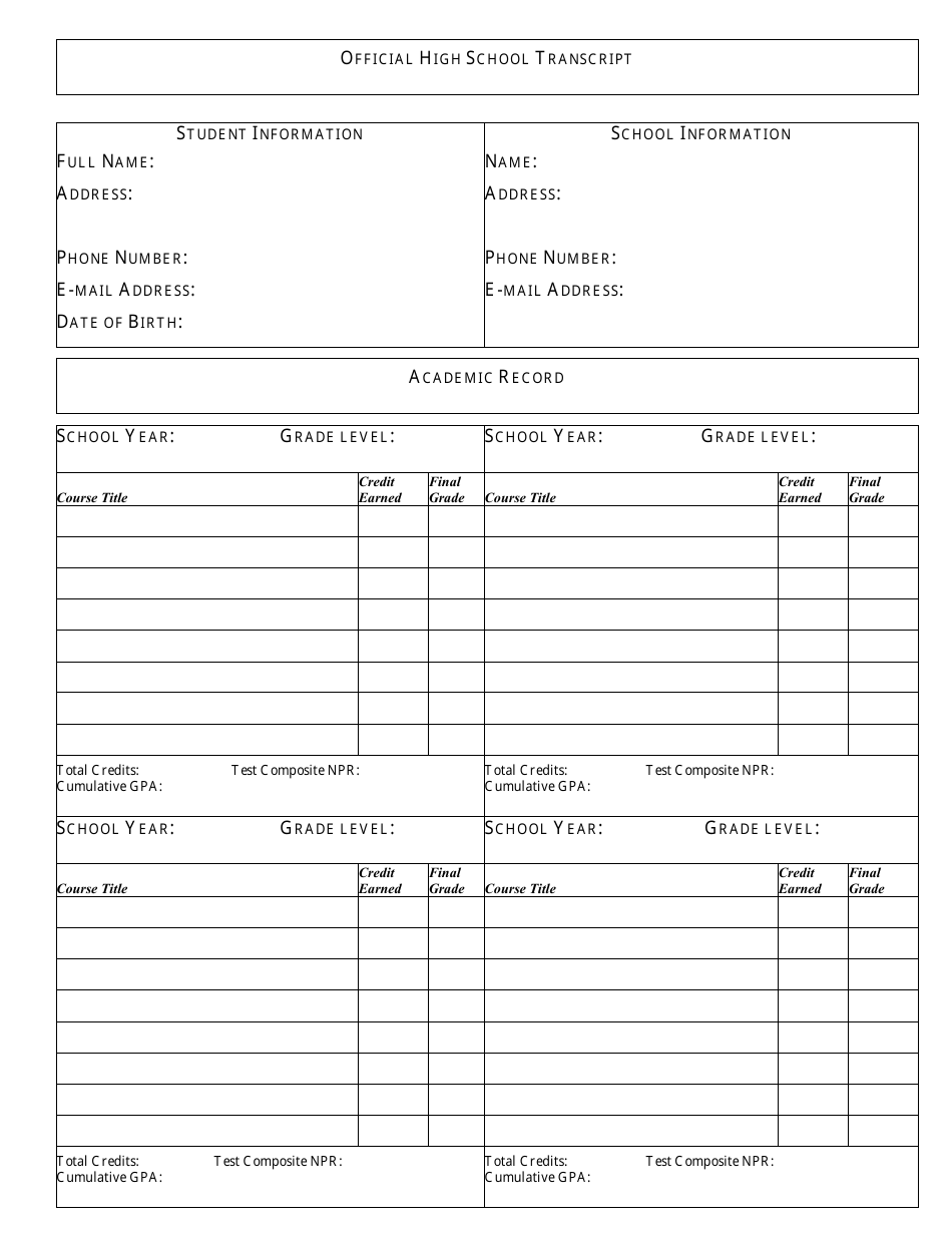 Printable High School Transcript Templates   Official High School Transcript Template Print Big 