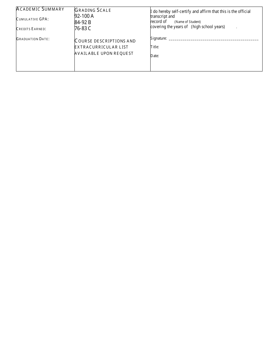 Official High School Transcript Template, Page 2