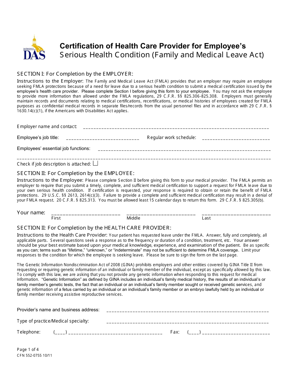 Form CFN552-0755 Certification of Health Care Provider for Employees Serious Health Condition (Family and Medical Leave Act) - Iowa, Page 1