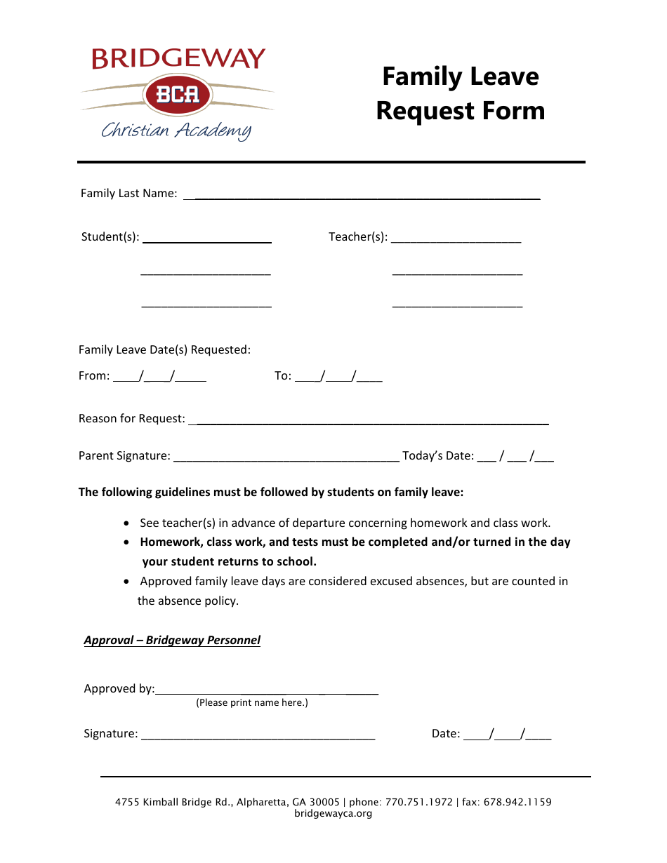 Family Leave Request Form - Bridgeway Christian Academy, Page 1