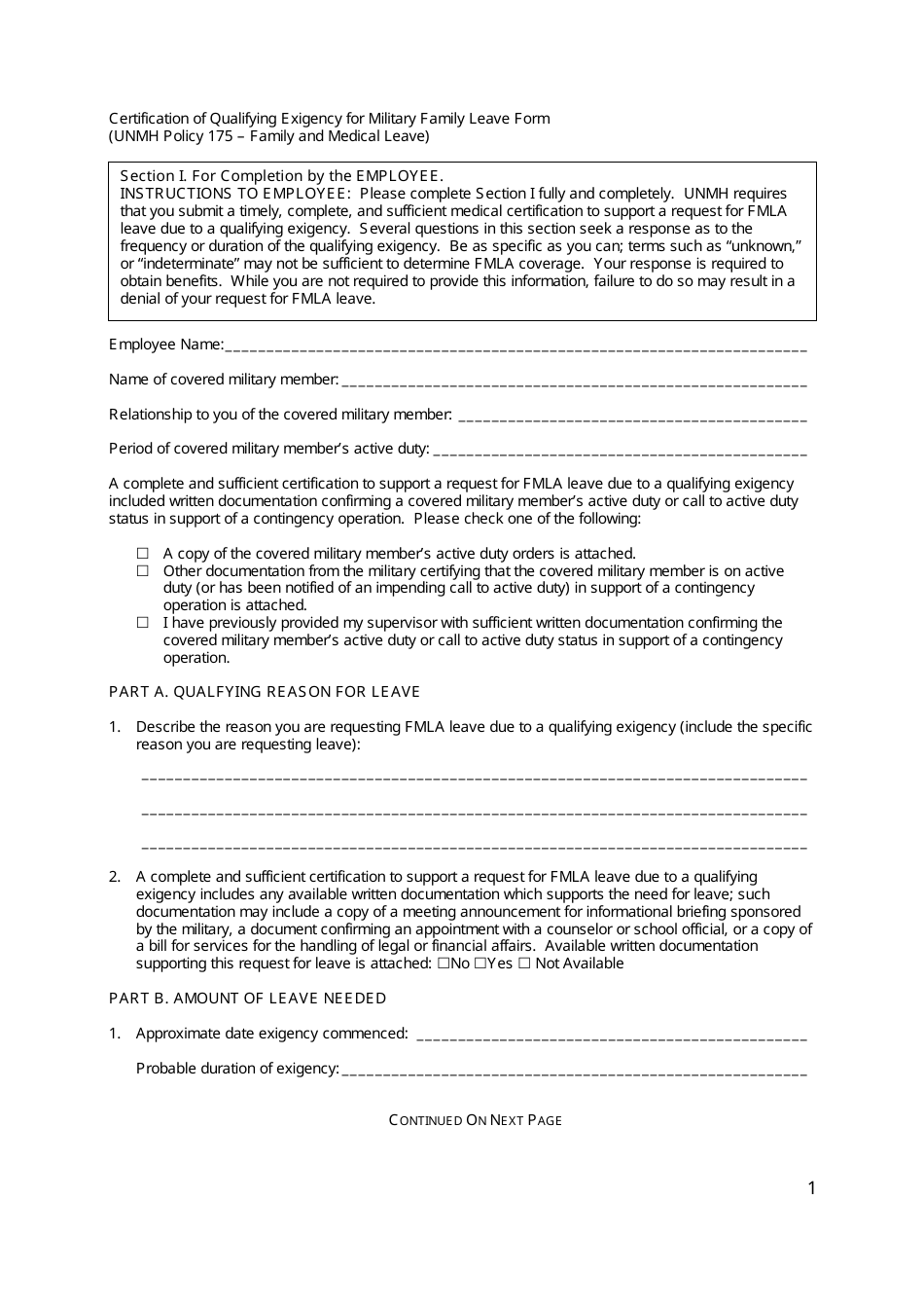 Certification of Qualifying Exigency for Military Family Leave Form - New Mexico, Page 1