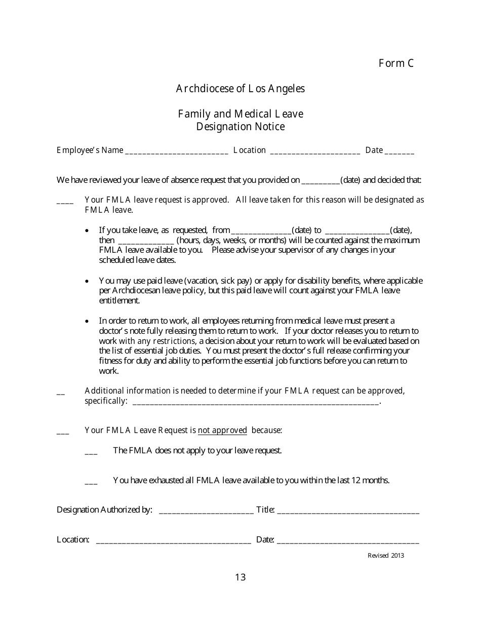 Family and Medical Leave Forms - Archdiocese of Los Angeles - Los Angeles, California, Page 13