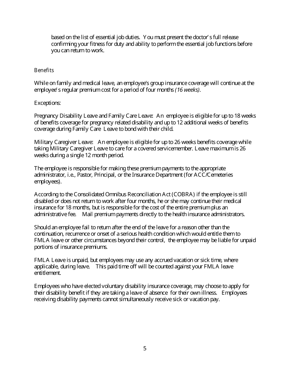 Family and Medical Leave Forms - Archdiocese of Los Angeles - Los Angeles, California, Page 5