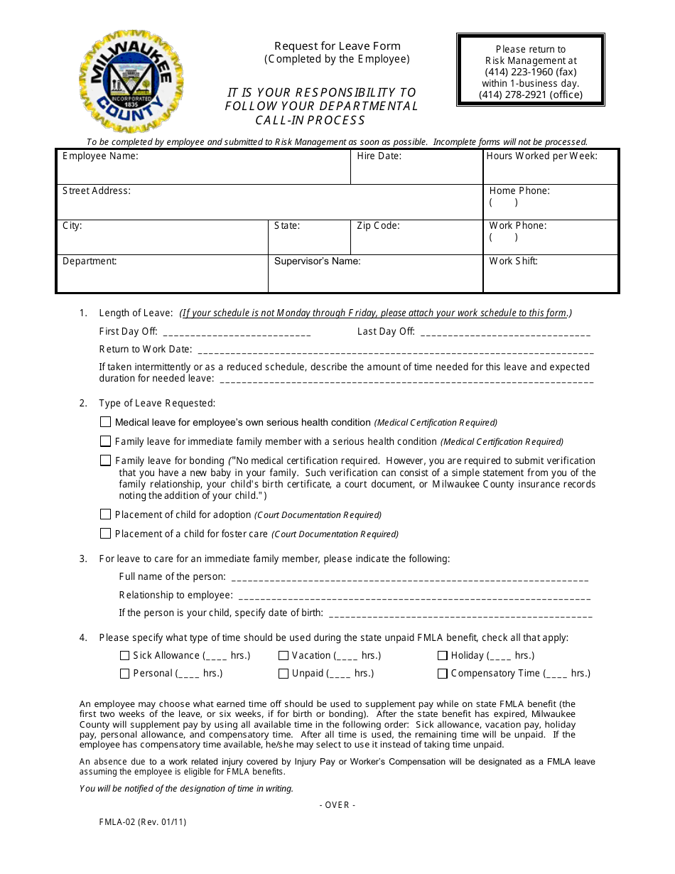Request for Leave Form - Milwaukee County, Wisconsin, Page 1