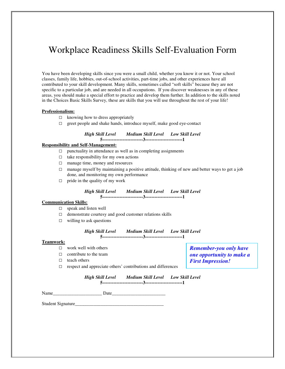 Workplace Readiness Skills Self-evaluation Form, Page 1