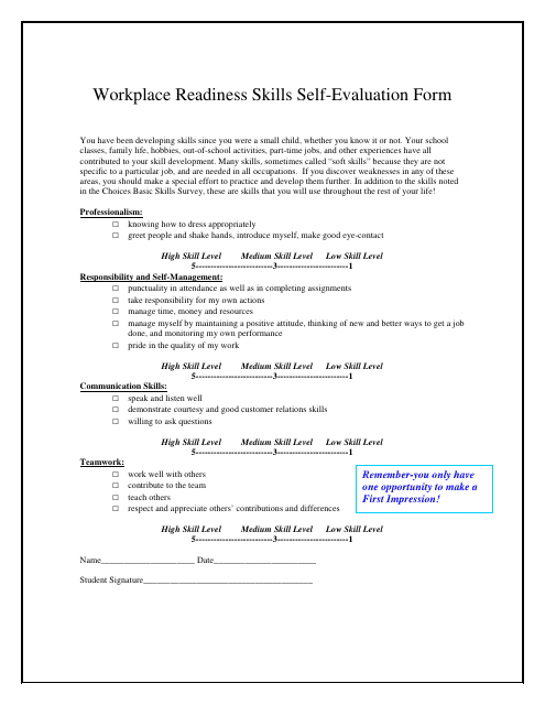 &quot;Workplace Readiness Skills Self-evaluation Form&quot; Download Pdf