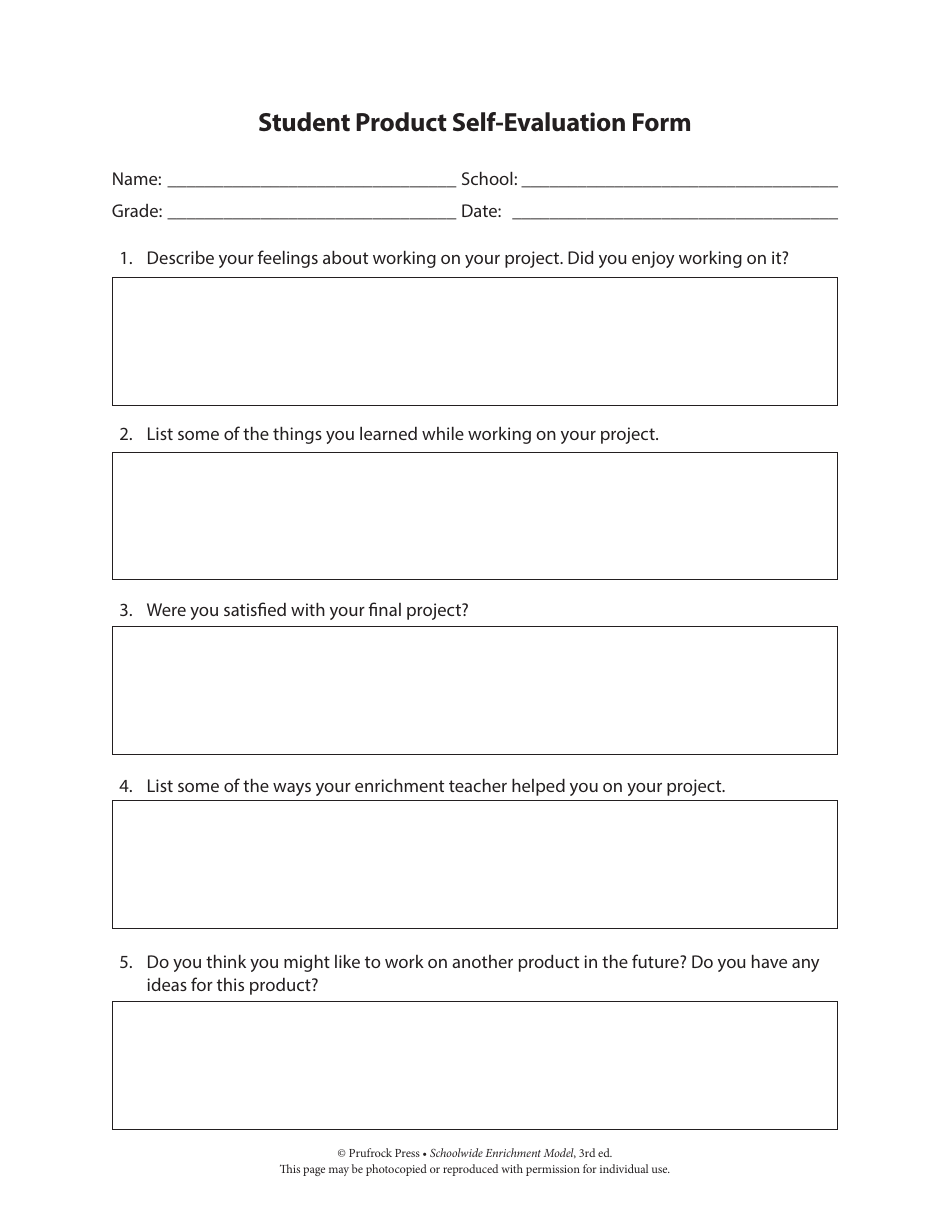 Student Product Self-evaluation Form, Page 1