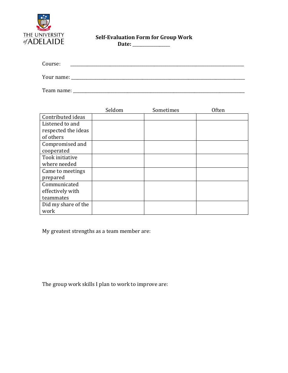 Self-evaluation Form for Group Work - the University of Adelaide - Australia, Page 1