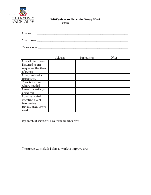 &quot;Self-evaluation Form for Group Work - the University of Adelaide&quot; - Australia Download Pdf