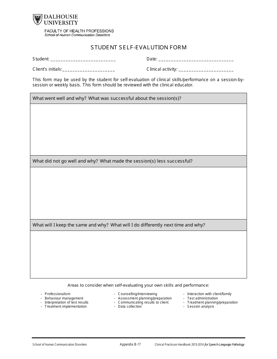 Student Self-evaluation Form - Dalhousie University, Page 1