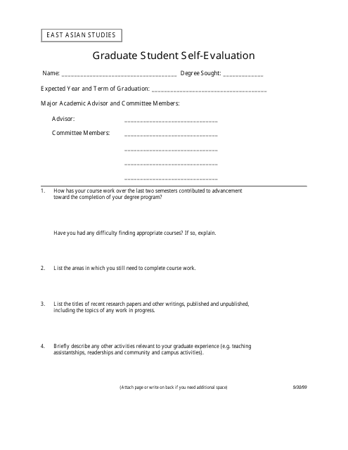 &quot;Graduate Student Self-evaluation Form&quot; Download Pdf