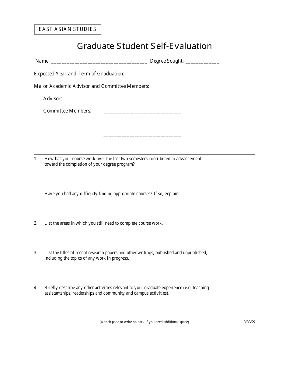 Graduate Student Self-evaluation Form, Page 1