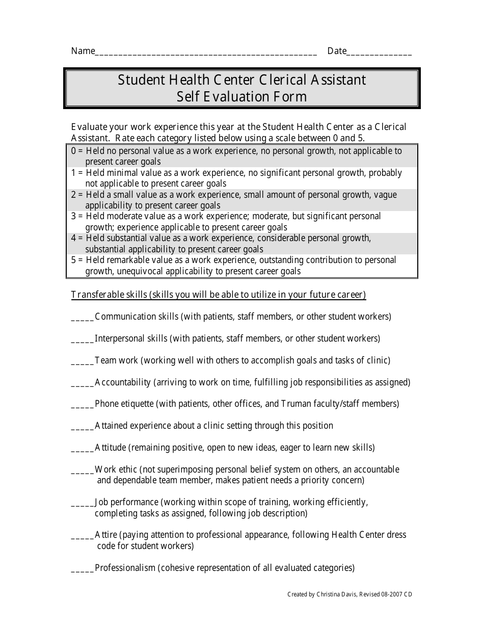 Student Health Center Clerical Assistant Self Evaluation Form, Page 1