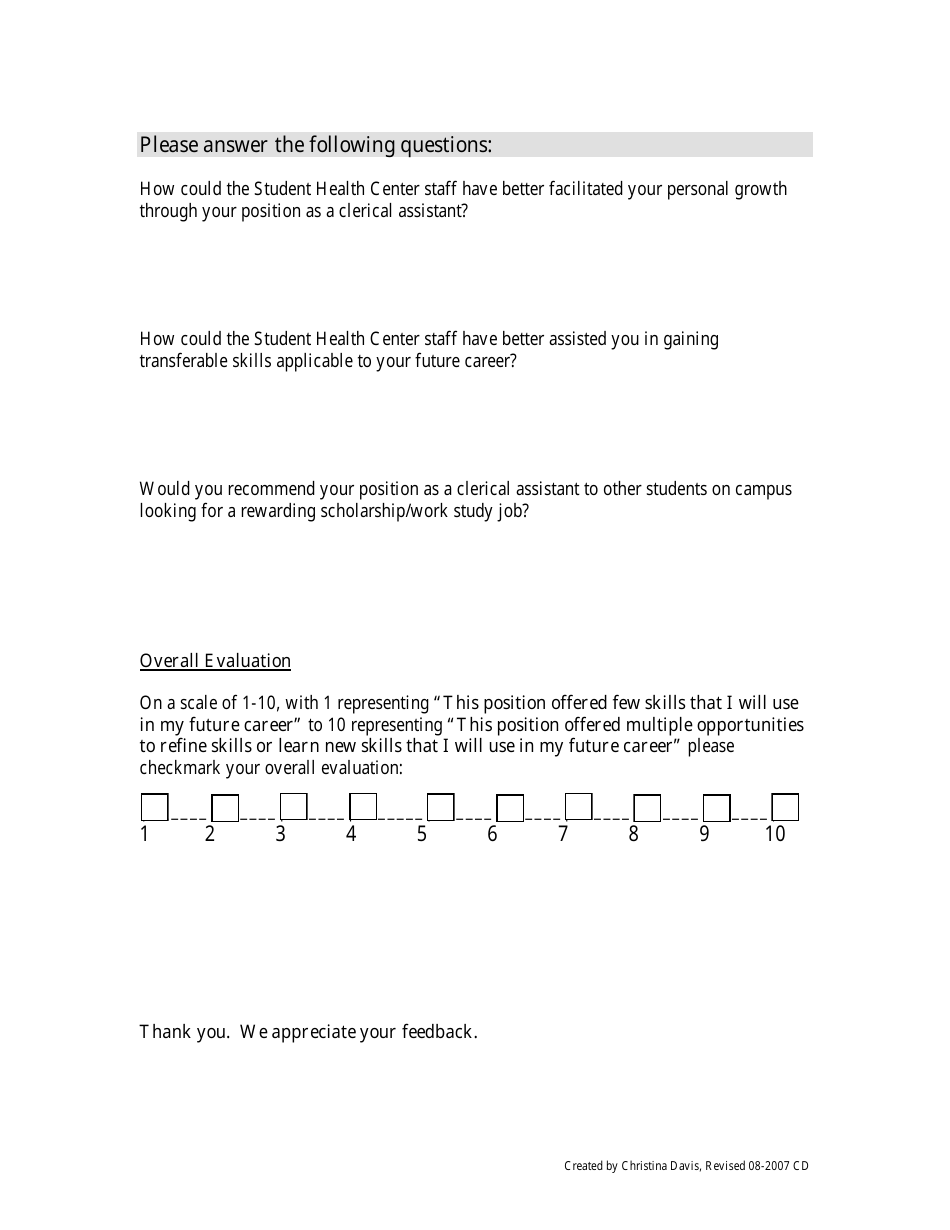 Student Health Center Clerical Assistant Self Evaluation Form, Page 2
