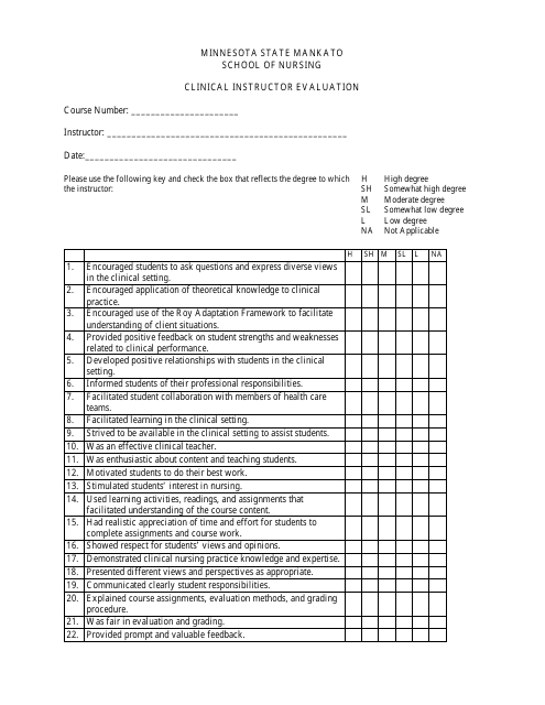&quot;Clinical Instructor Evaluation Form - Minnesota State Mankato School of Nursing&quot; Download Pdf