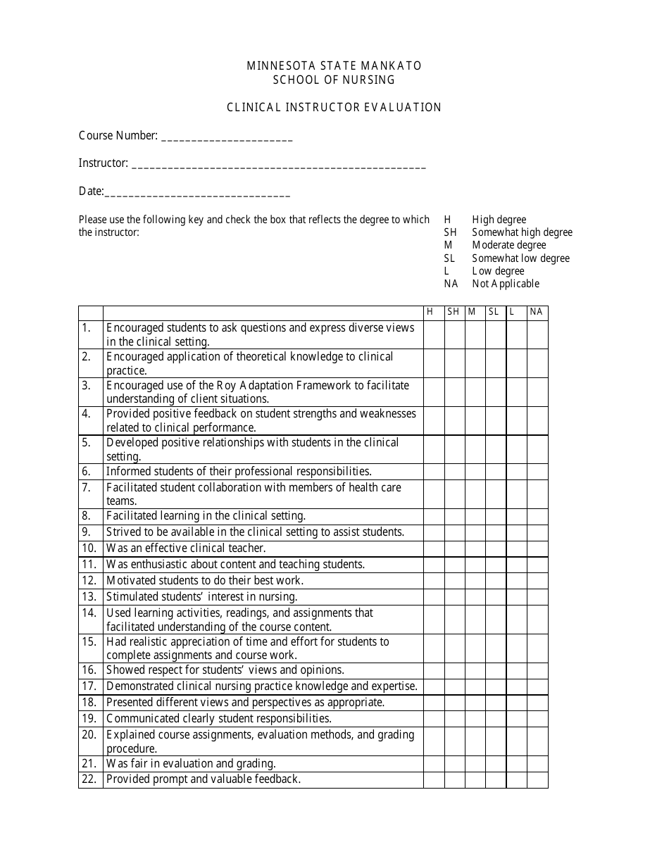 Clinical Instructor Evaluation Form - Minnesota State Mankato School of Nursing, Page 1