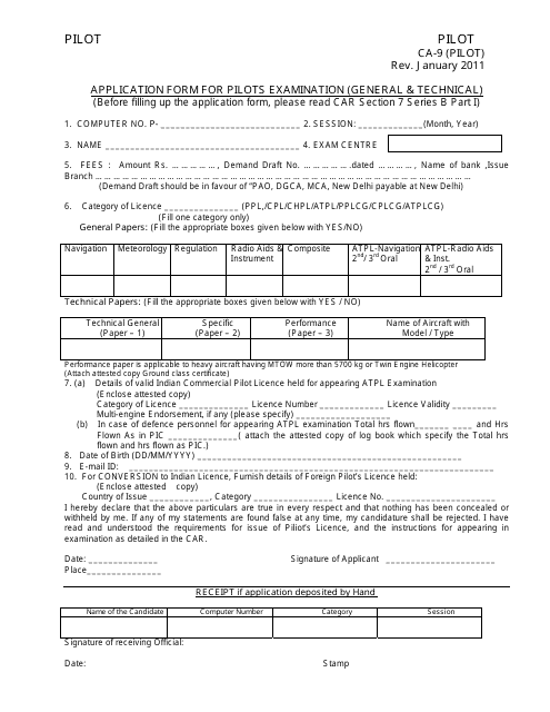 Form CA-9 Application Form for Pilots Examination (General &amp; Technical) - India