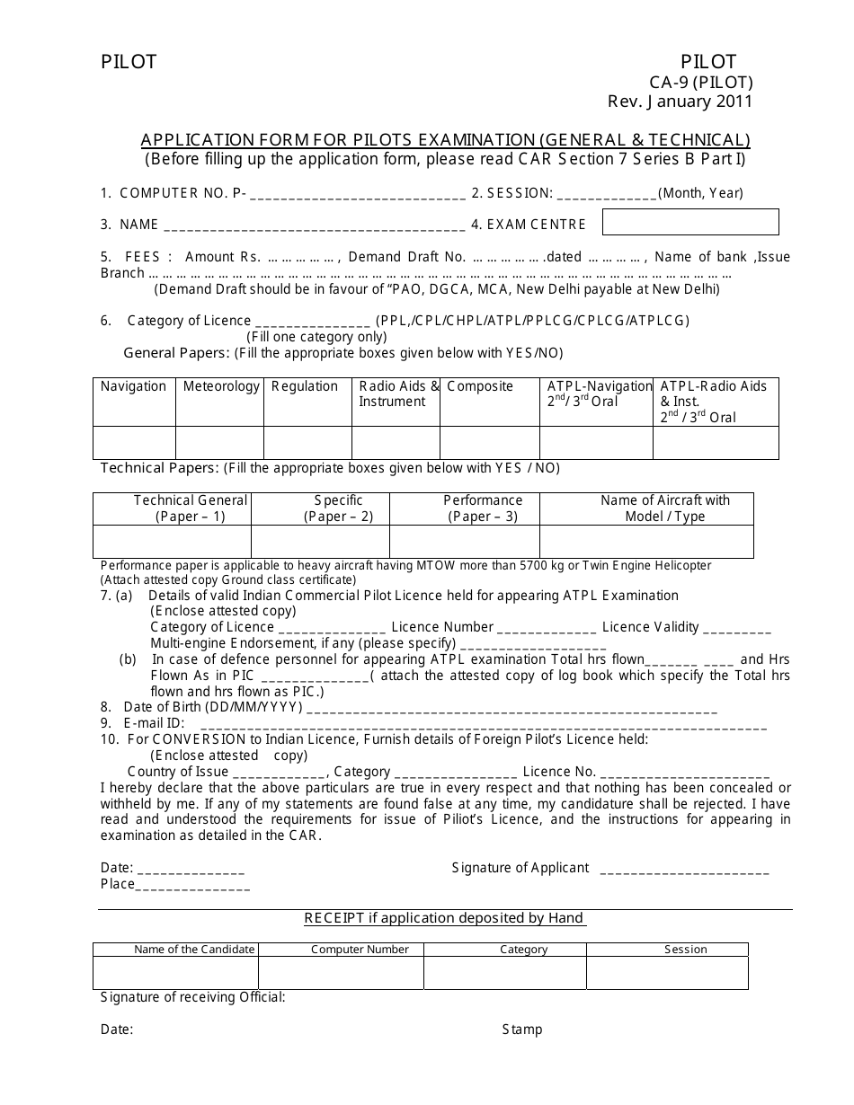 Form CA-9 Application Form for Pilots Examination (General  Technical) - India, Page 1