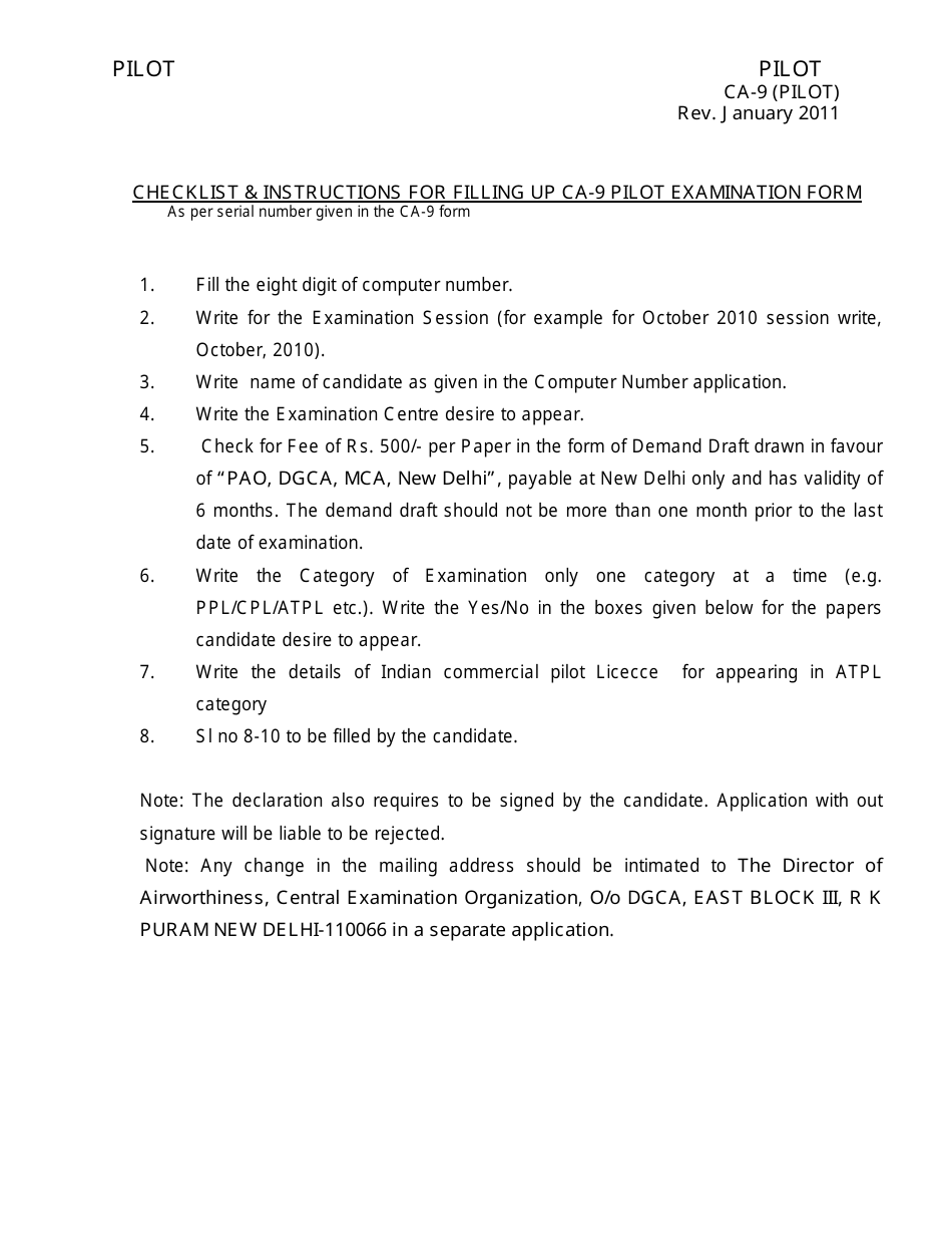 Form CA-9 Application Form for Pilots Examination (General  Technical) - India, Page 2
