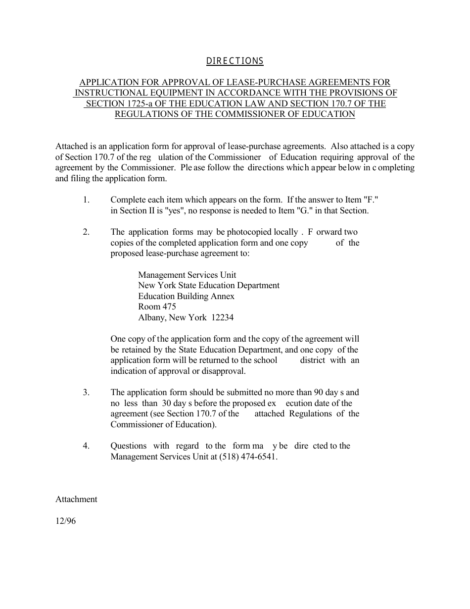 Application for Approval of Lease Purchase Agreement for Instructional Equipment - New York, Page 1