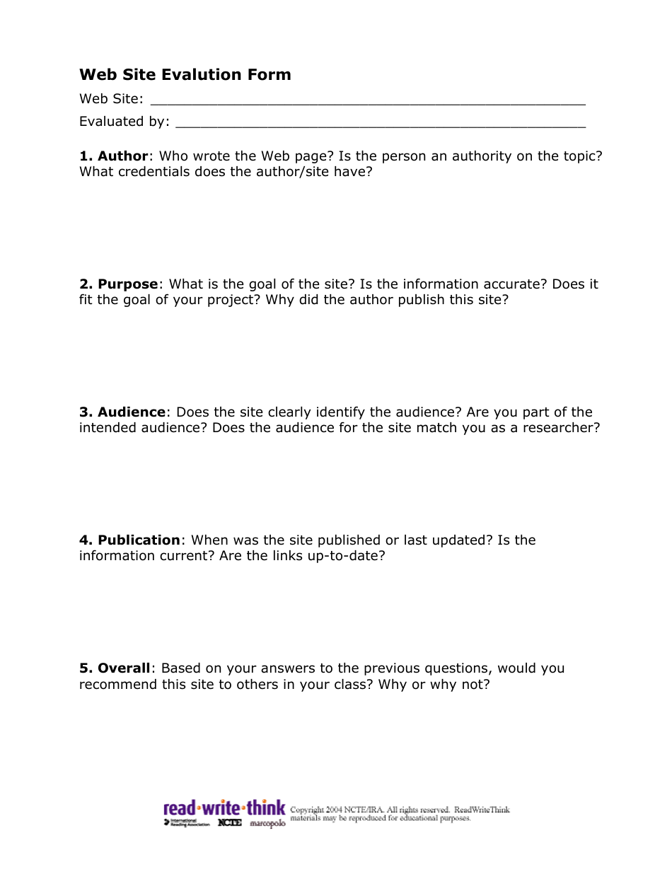 Web Site Evaluation Form - Readwritethink, Page 1