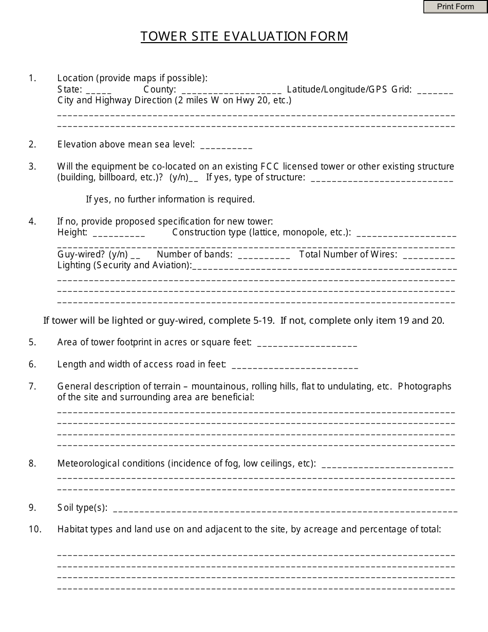Tower Site Evaluation Form, Page 1