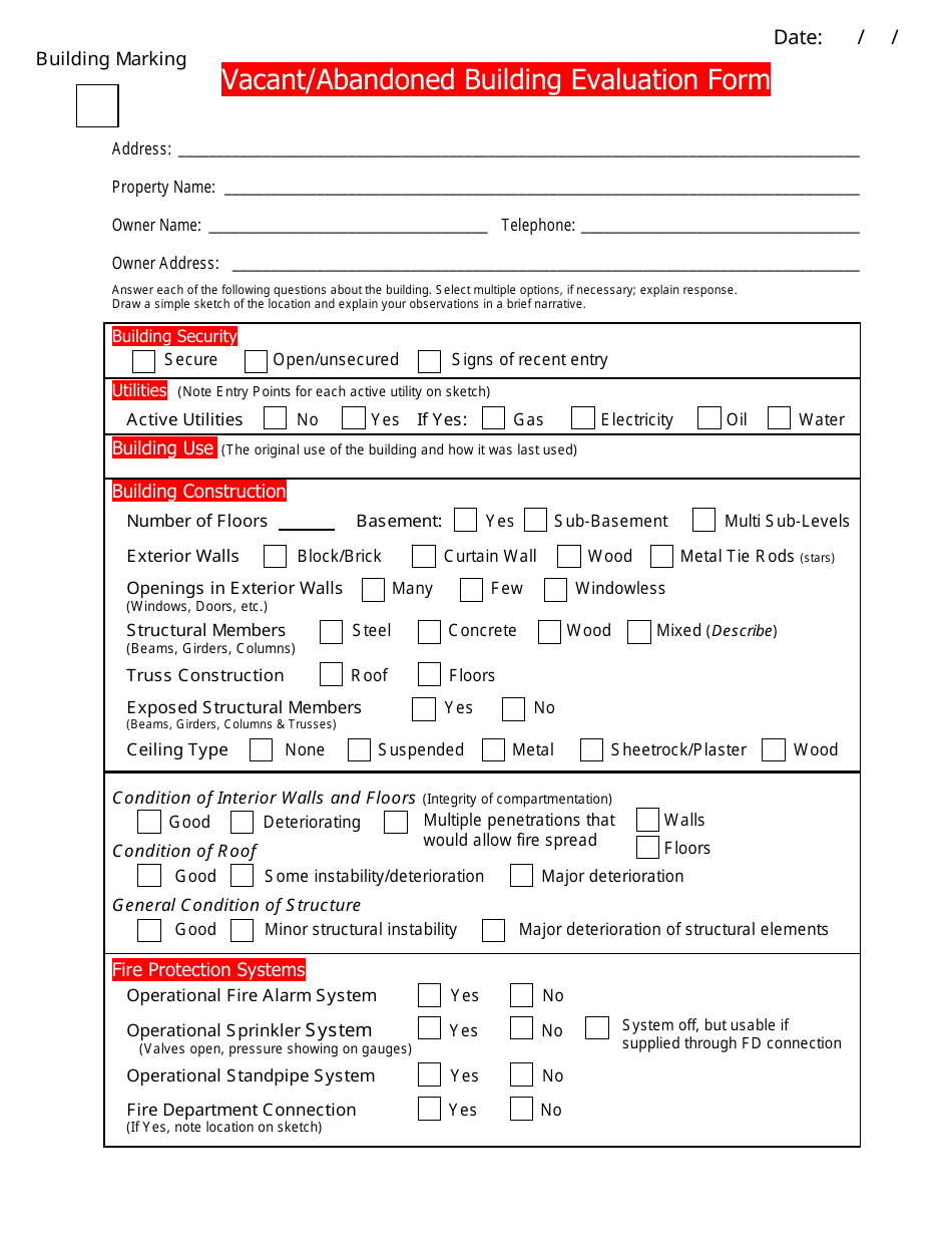 Vacant/Abandoned Building Evaluation Form Download Printable PDF Templateroller