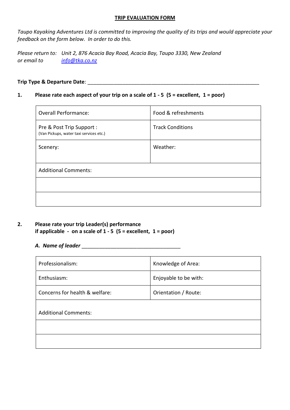 Trip Evaluation Form - Taupo Kayaking Adventures Ltd, Page 1