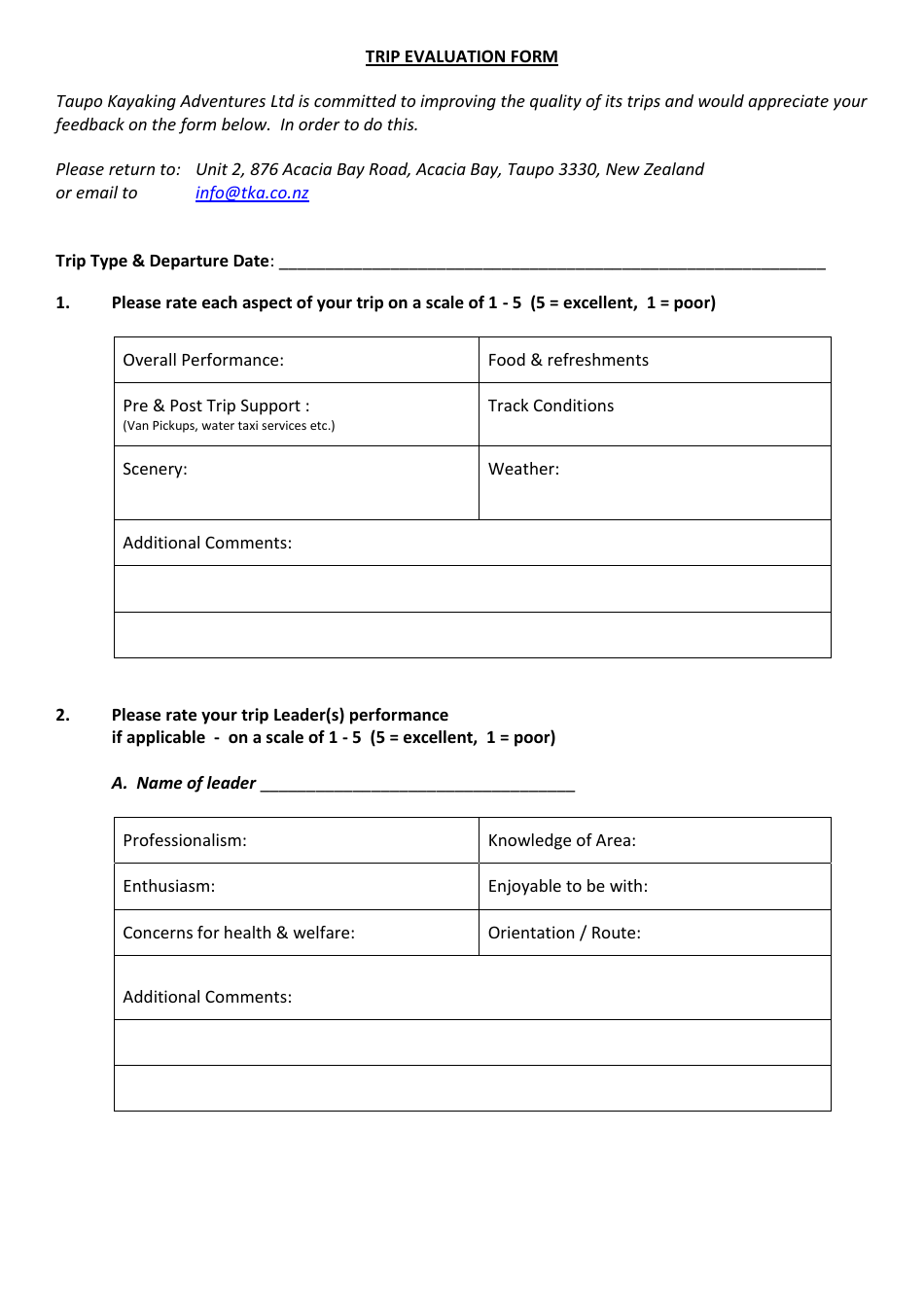 Trip Evaluation Form Taupo Kayaking Adventures Ltd Fill Out Sign 