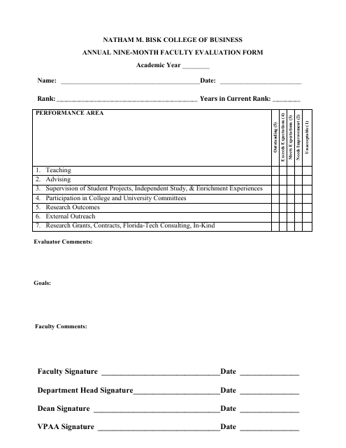 &quot;Annual Nine-Month Faculty Evaluation Form - Natham M. Bisk College of Business&quot; Download Pdf